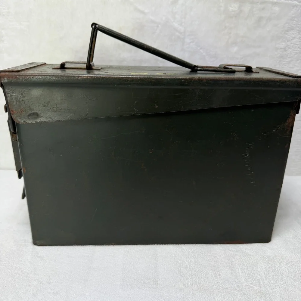 Vintage US Military Steel Ammo Can Olive Drab Metal Storage Box Latch Lid Handle
